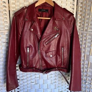 Zara Faux Leather Moto Jacket in Oxblood Red